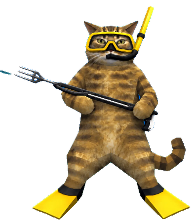 Diver Cat, a tabby in yellow goggles, snorkel and flippers, holding a trident sideways