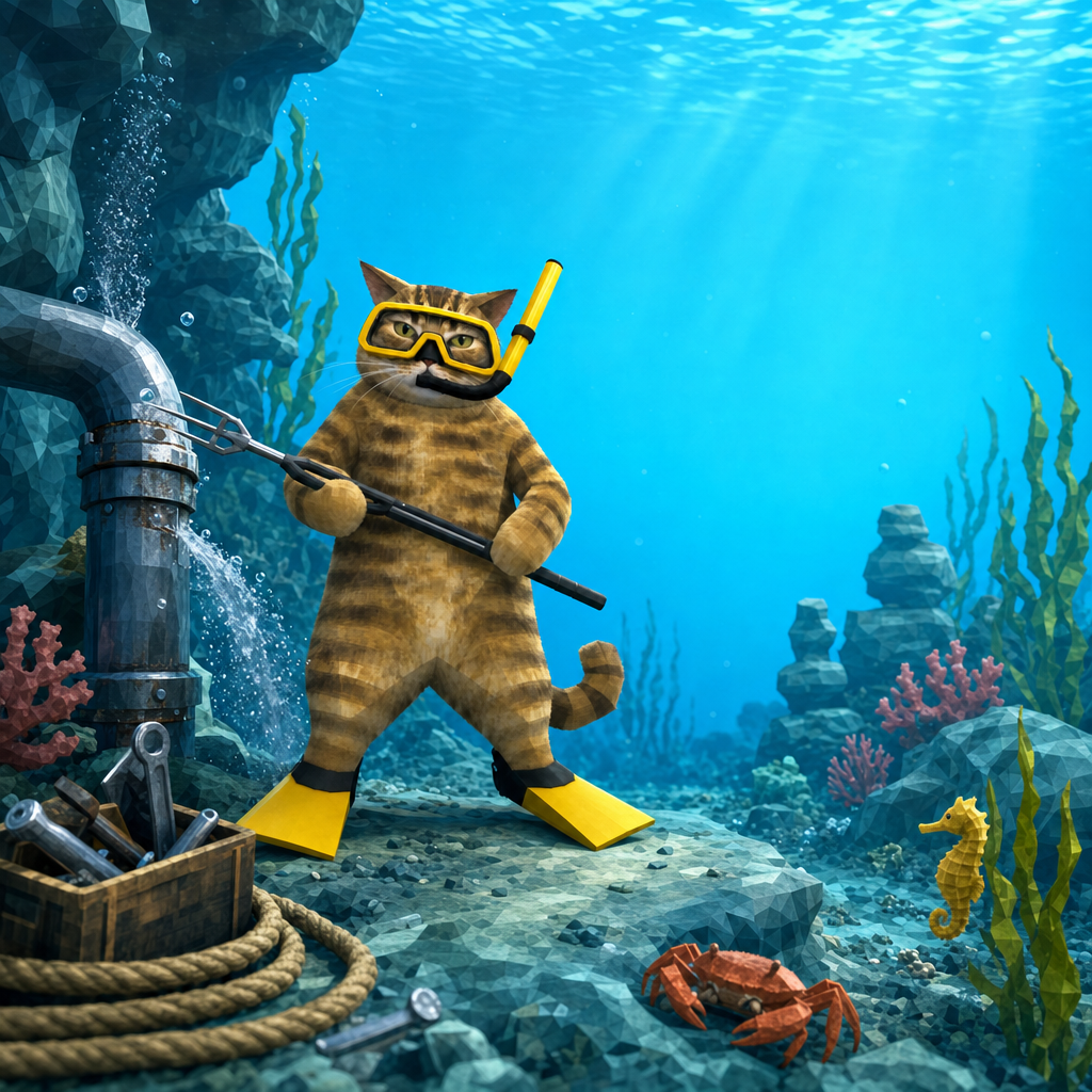 Diver Cat standing on the reef floor beside a leaking pipe, a toolbox, a crab and a seahorse